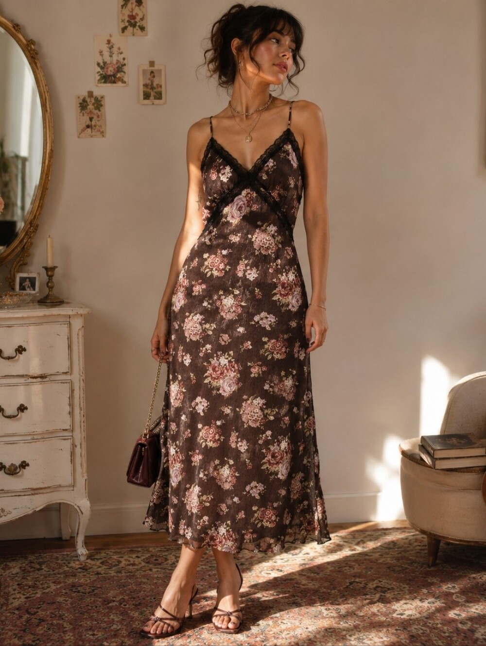 H&M Brock Collection Brown Floral Maxi Slip Dress Size XL Lace Romantic